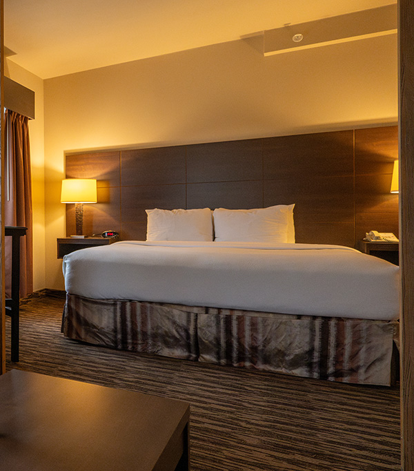 Comfortable hotel room with a large bed, bedside lamps, and warm lighting.