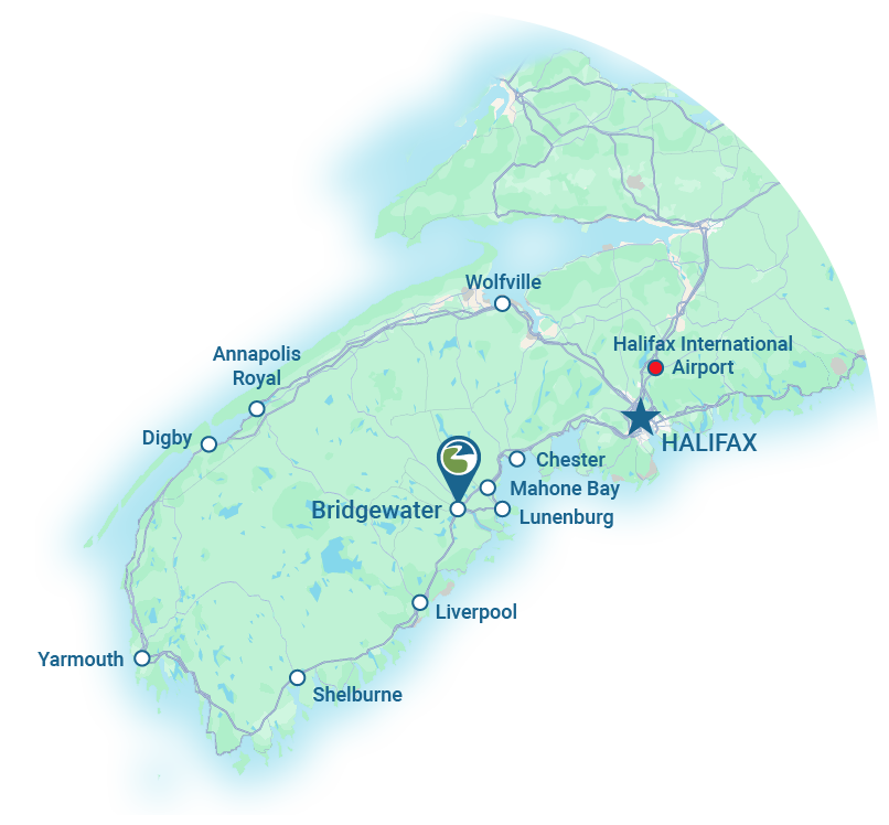 A map of Nova Scotia shows Bridgewater's close proximity to other nearby areas, including Halifax, Lunenburg, and Mahone Bay.