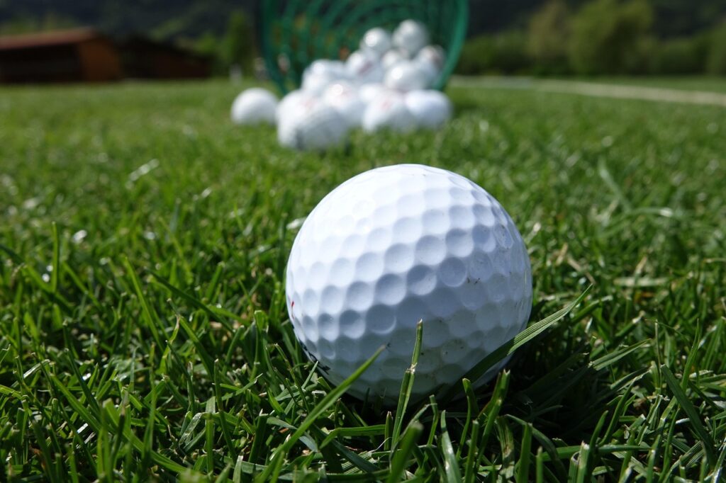 A close-up of a golf ball in the grass.