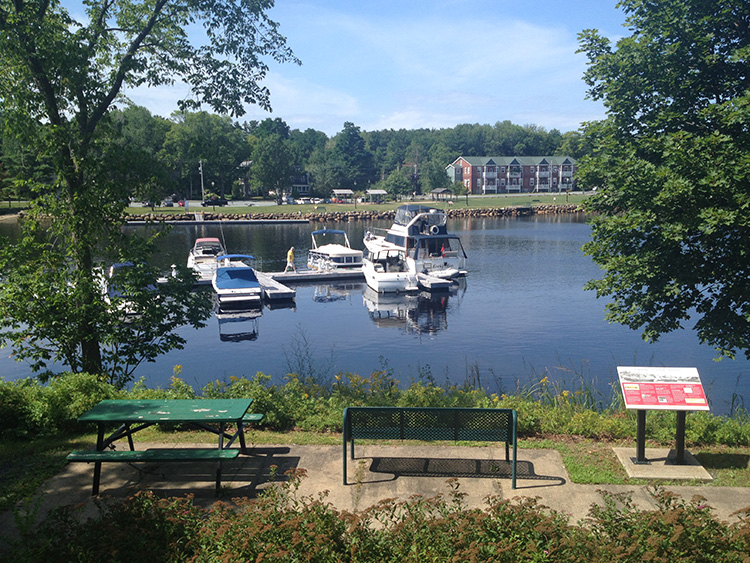 A view of a waterfront park. A picnic table and bench line the waterside, several small boats can be seen in the water.